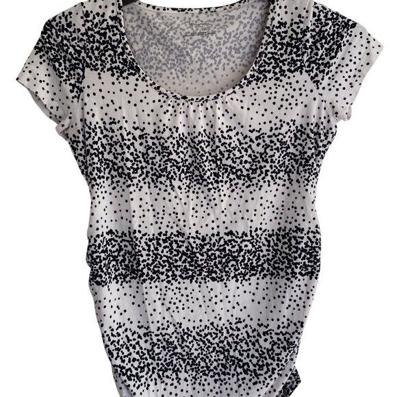 Motherhood Maternity Black & White Polka Dot Ruched Short Sleeve Scoop Neck Top - Picture 2 of 7